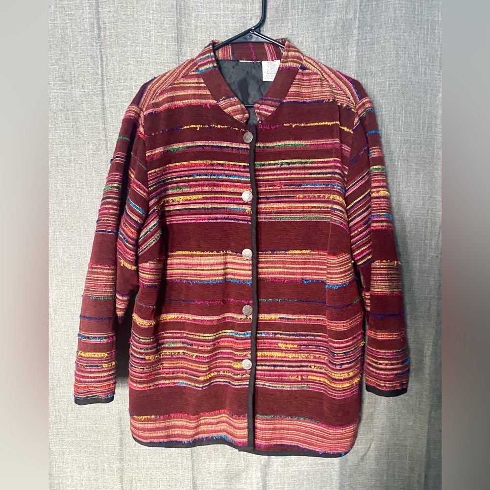 Mexican Style Woven Jacket Tapestry Blanket Multicolor Fibers Artsy 16 W Red